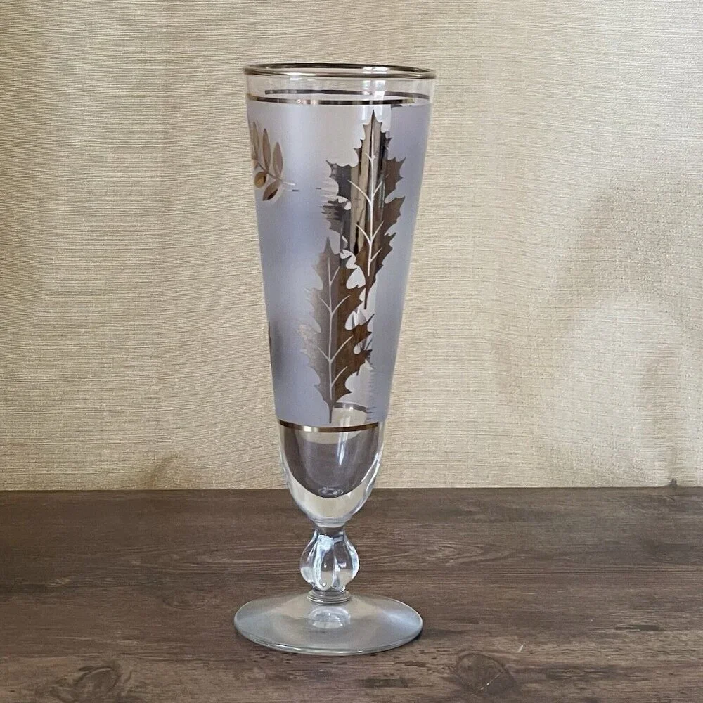 Vintage Libbey Golden Foliage Pilsner Beer Glass Gold Leaf Frosted MCM Barware